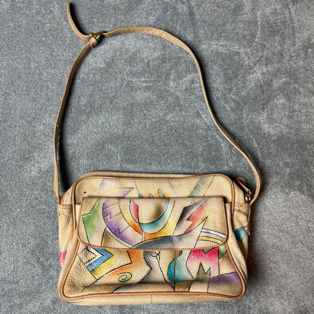 Magnifique Abstract Hand Painted Leather Crossbody Bag Beige Vintage Purse